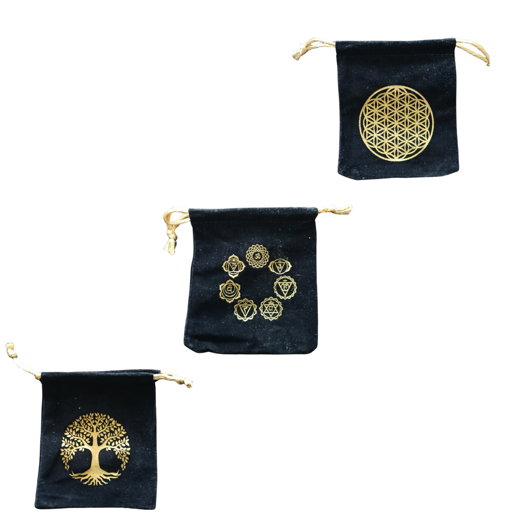 Pochette en Coton aux 7 Chakras dorés – Rangement Spirituel et Énergétique avec Cordon