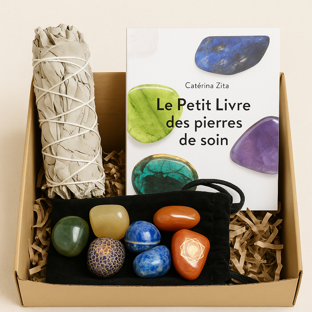 Coffret Bien-Être Énergie : 7 Pierres Chakras + Livre Lithothérapie + Encens de Sauge