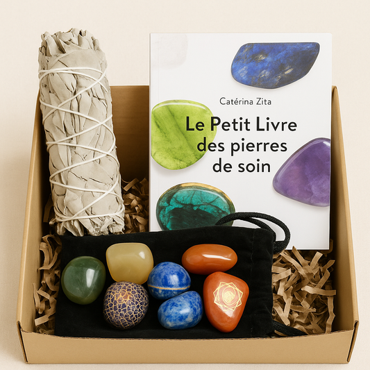 Coffret Bien-Être Énergie : 7 Pierres Chakras + Livre Lithothérapie + Encens de Sauge
