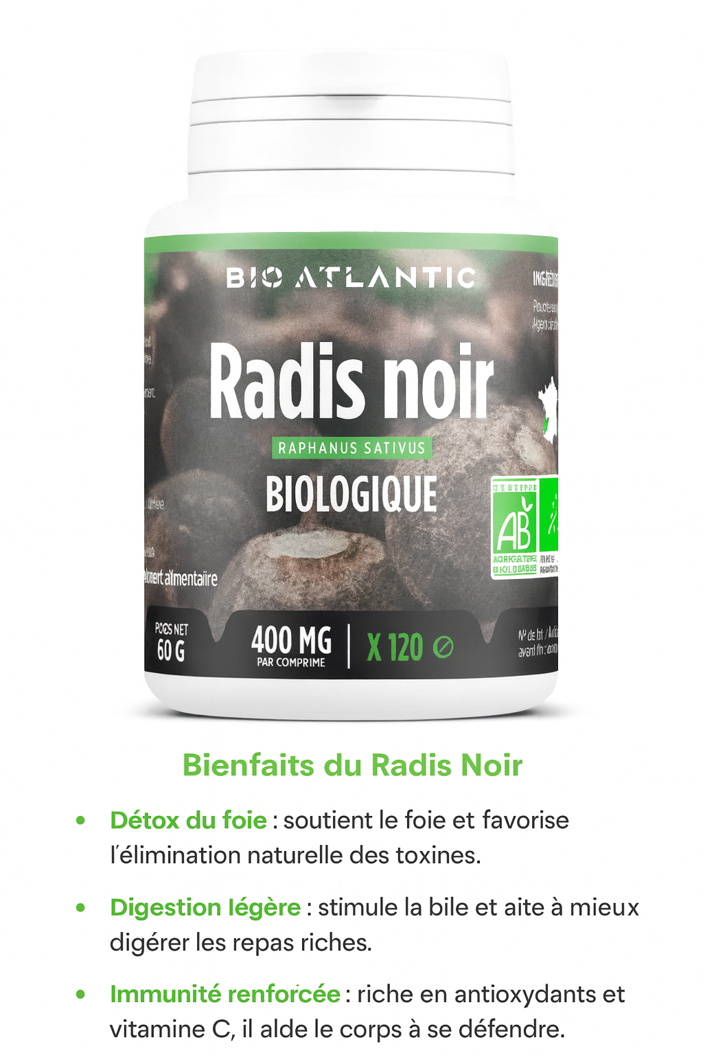 Radis Noir Biologique – 400 mg – 120 Comprimés | Détox Naturelle &amp; Digestion | Vegan &amp; Made in France
