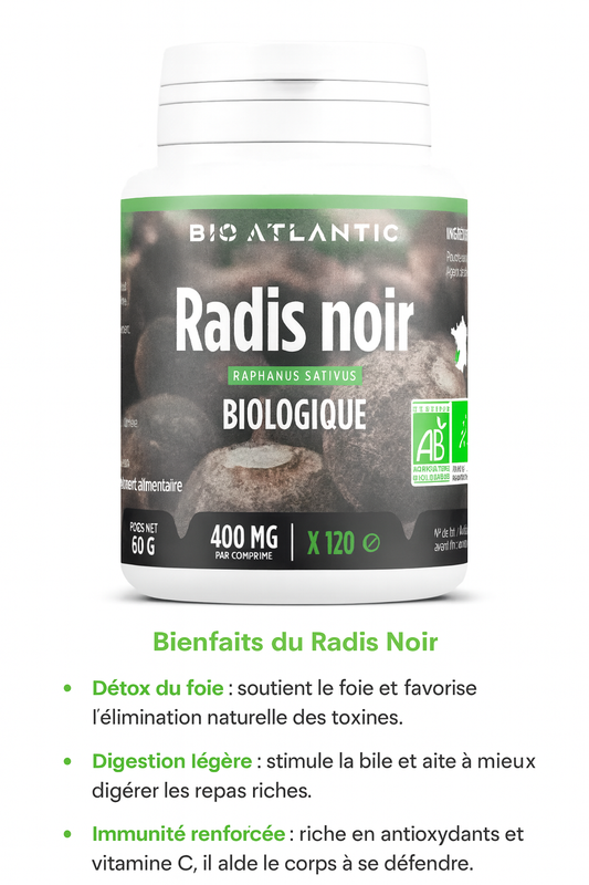 Radis Noir Biologique – 400 mg – 120 Comprimés | Détox Naturelle &amp; Digestion | Vegan &amp; Made in France
