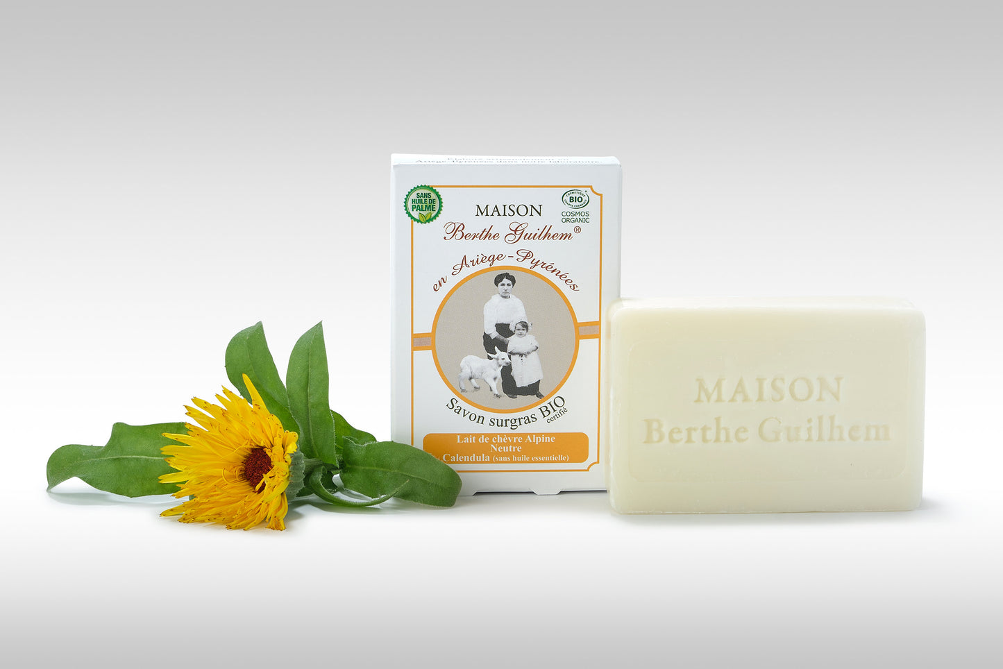 Savon Surgras Lait de Chèvre Neutre & Calendula - Sans Huile Essentielle - Maison Berthe Guilhem