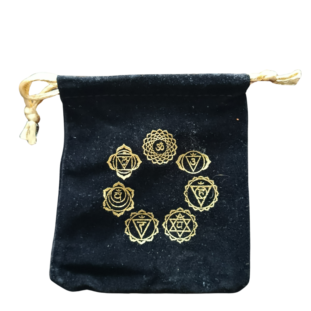 Pochette en Coton aux 7 Chakras dorés – Rangement Spirituel et Énergétique avec Cordon